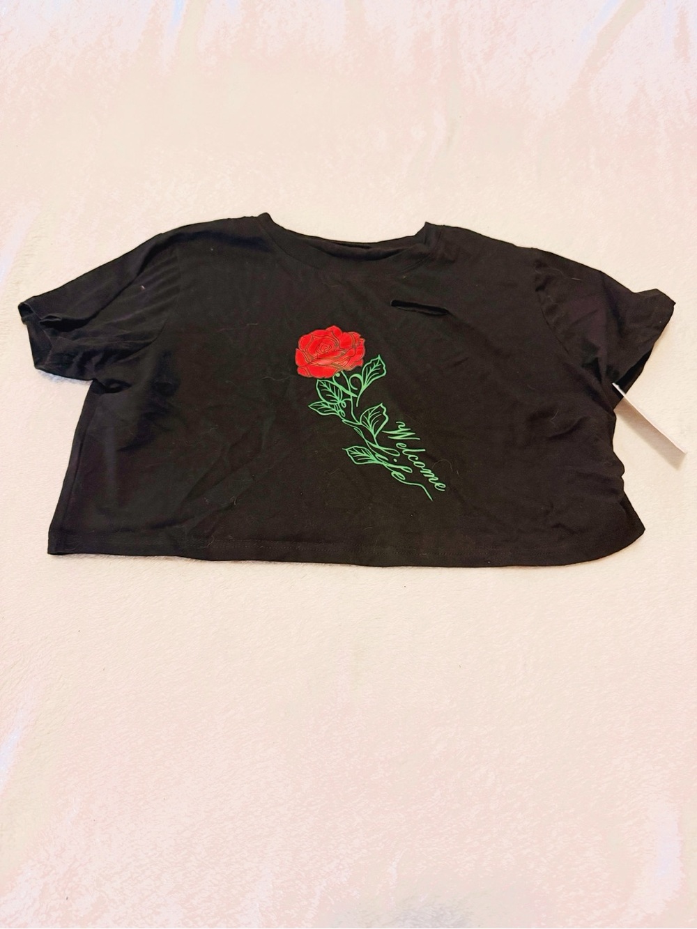 Black Crop Top with Red Rose Graphic - Women's Casual Tee
